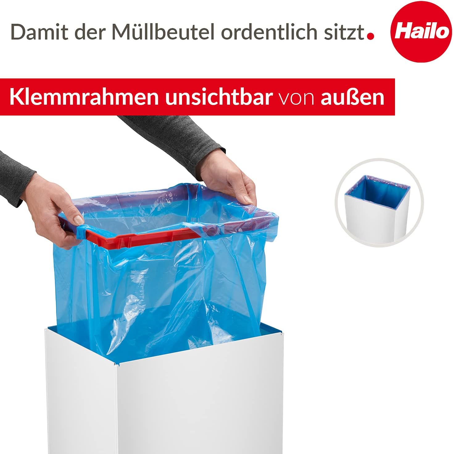 Hailo Big-Box Swing L Waste Bin | 1 x 35L / 7.5 Gal | Self-Closing Swing Lid | Steel Sheet Body | Liner Clamping Frame | Easy to Clean | Made in Germany | White | Kitchen Trash Can