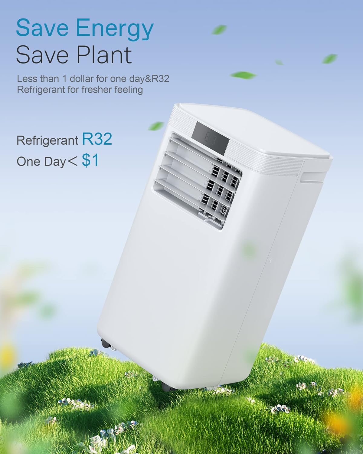 Image showing the portable AC unit in a room setting, with dimensions indicated as 25 inches by 25 inches, and a table showing recommended BTU for different room sizes.