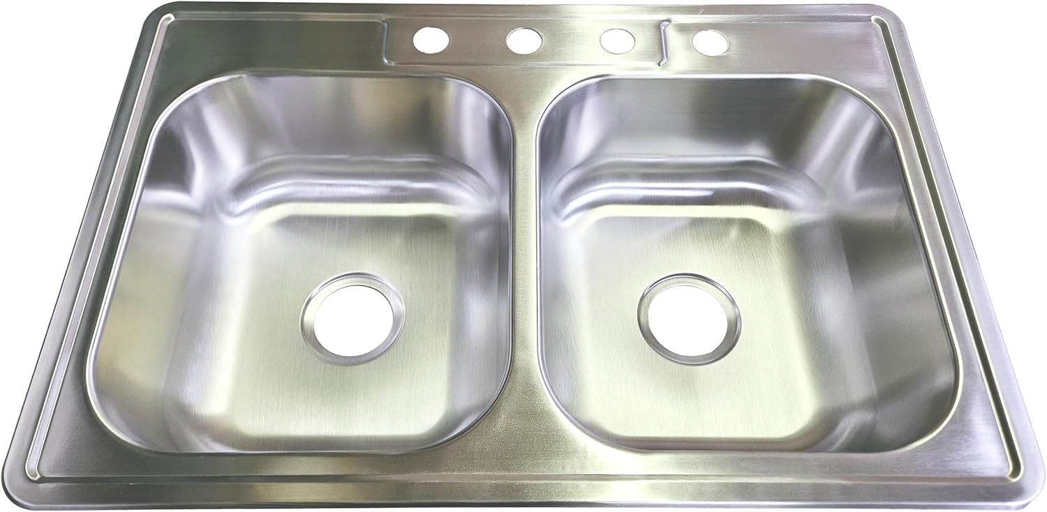33-inch Stainless Steel Topmount 4-hole 50/50 Double Bowl 8-inch Deep Kitchen Sink