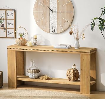 SSLine 2-Tier Wood Console Table with Storage Shelf Farmhouse 63" Rectangular Entryway Table Narrow Long Hallway Foyer Table with Wood Bead Decor for Living Room Entrance,Natural Brown