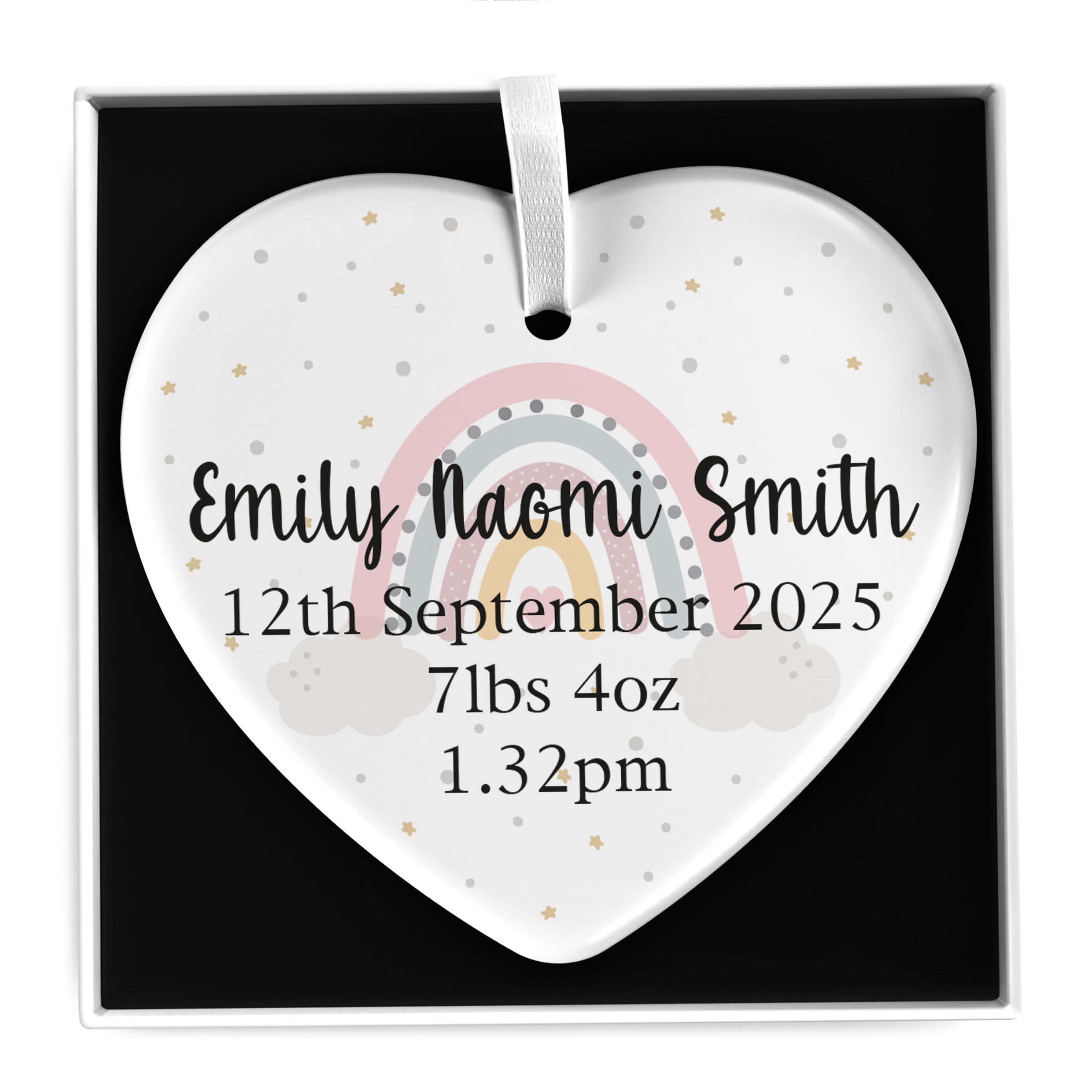 Beecreative Personalised New Baby Girl Ceramic Ornament, Rainbow Nursery Decoration, New Baby Granddaughter Niece, Birth Details Keepsake, With Gift Box