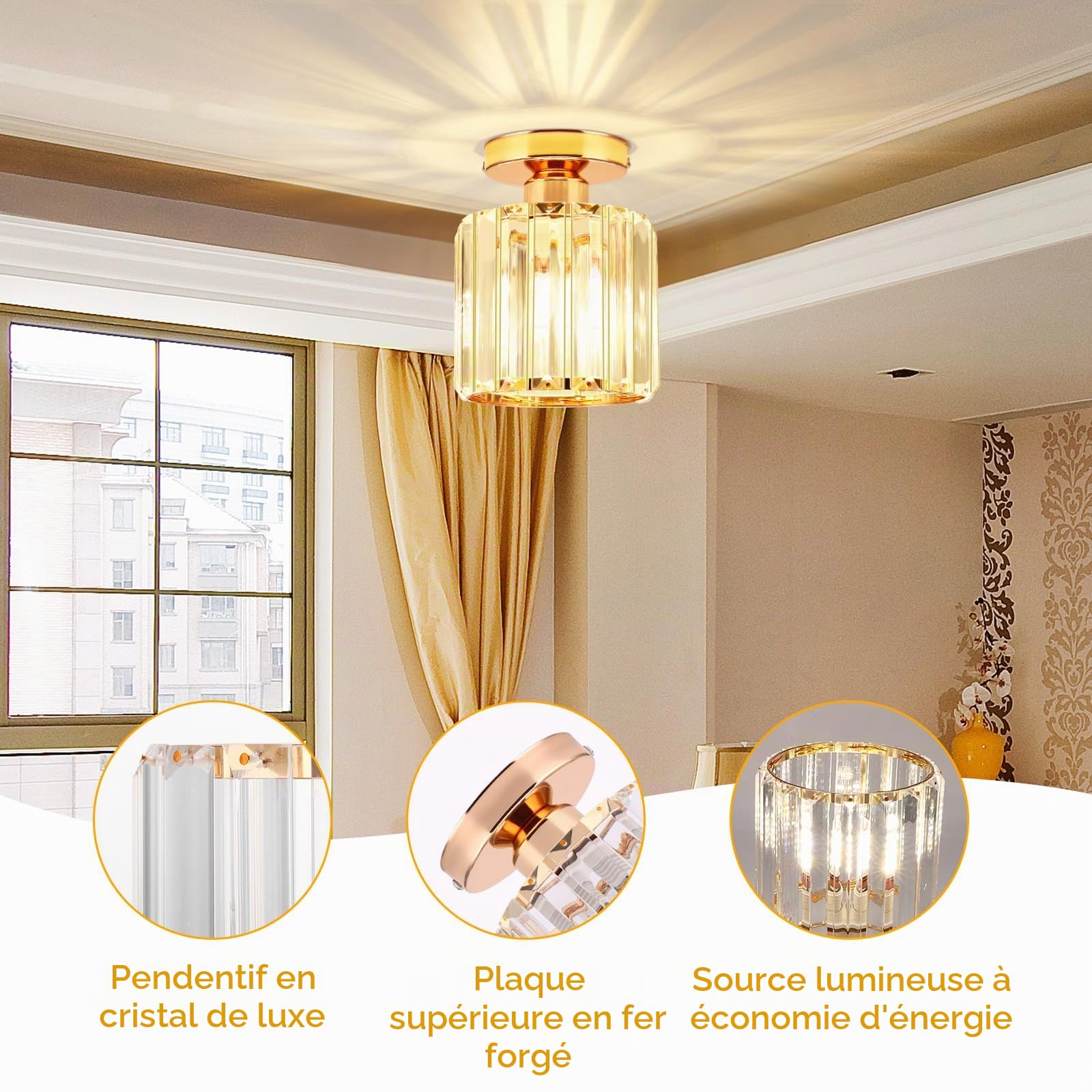 ALLOMN Plafonnier en Cristal Doré Semi-encastré, Lustre à LED Moderne pour Cuisine, Salle à Manger, Couloir, Salle de Bain, Balcon, Porche, Entrée