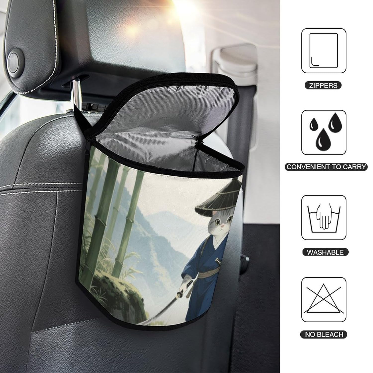 MUSM Leakproof Car Trash Can 2.5 Gallon, Durable Automotive Garbage Bag with Waterproof Liner, Japanese Samurai Cat Trash Bag for Car, Truck, RV & Bathroom