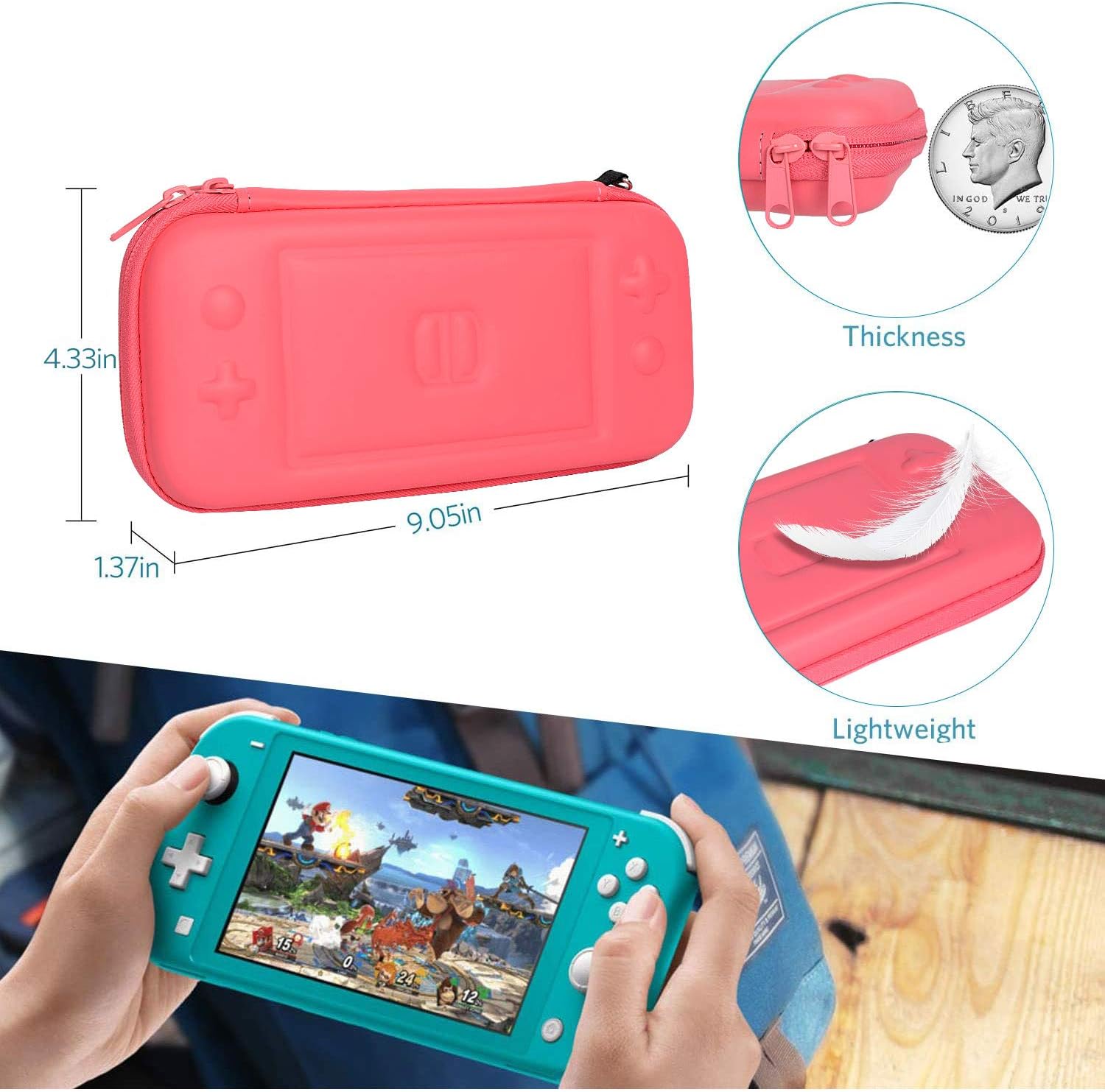 CoBak Carrying Case for Nintendo Switch Lite - with 1 Screen Protector, 1 Grip Case and 4 Thumb Grip Caps, Ultra Slim Premium EVA Travel Pouch Protective Cover, 8 Game Cartridges, Pink
