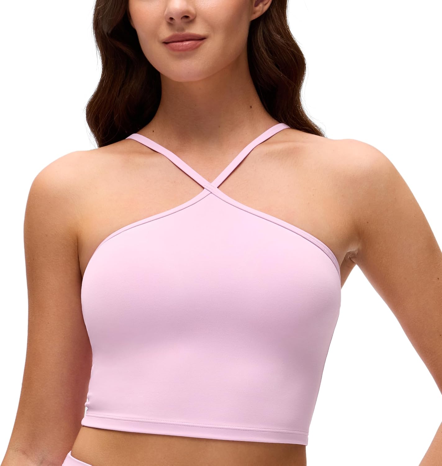 CRZ YOGA Butterluxe Cross Neck Crop Tank Tops for Women - Spaghetti Straps Square Back Padded Yoga Sports Bras