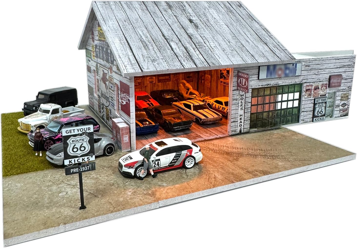 1/64 Diorama Display Case Garage with LED Lights - Compatible with Hot Wheels Matchbox Mini GT Diecast Cars, for 1:64 Model Car Display and Show Off (Warehouse)