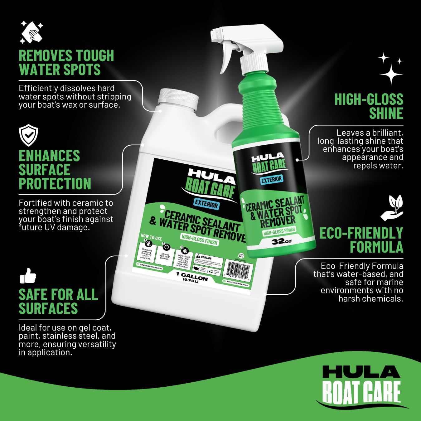 Hula Water Spot Remover Eco Bundle – 32oz Spray Bottle and 1 Gallon Refill | Exterior Boat Cleaner Spray with Ceramic Coating for Added Protection | High-Gloss Finish | Made in USA (32 oz)