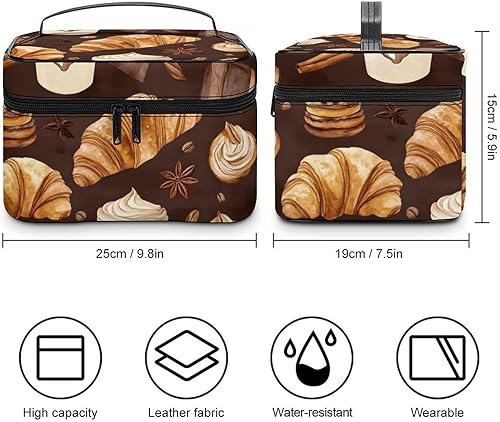 Miniatura 2 de Large Travel Makeup Bag Organizer - Coffee Bread 1 Print Leather Travel Cosmetic Toiletry Bag for Women, Nail Skincare Makeup Case Organizer with