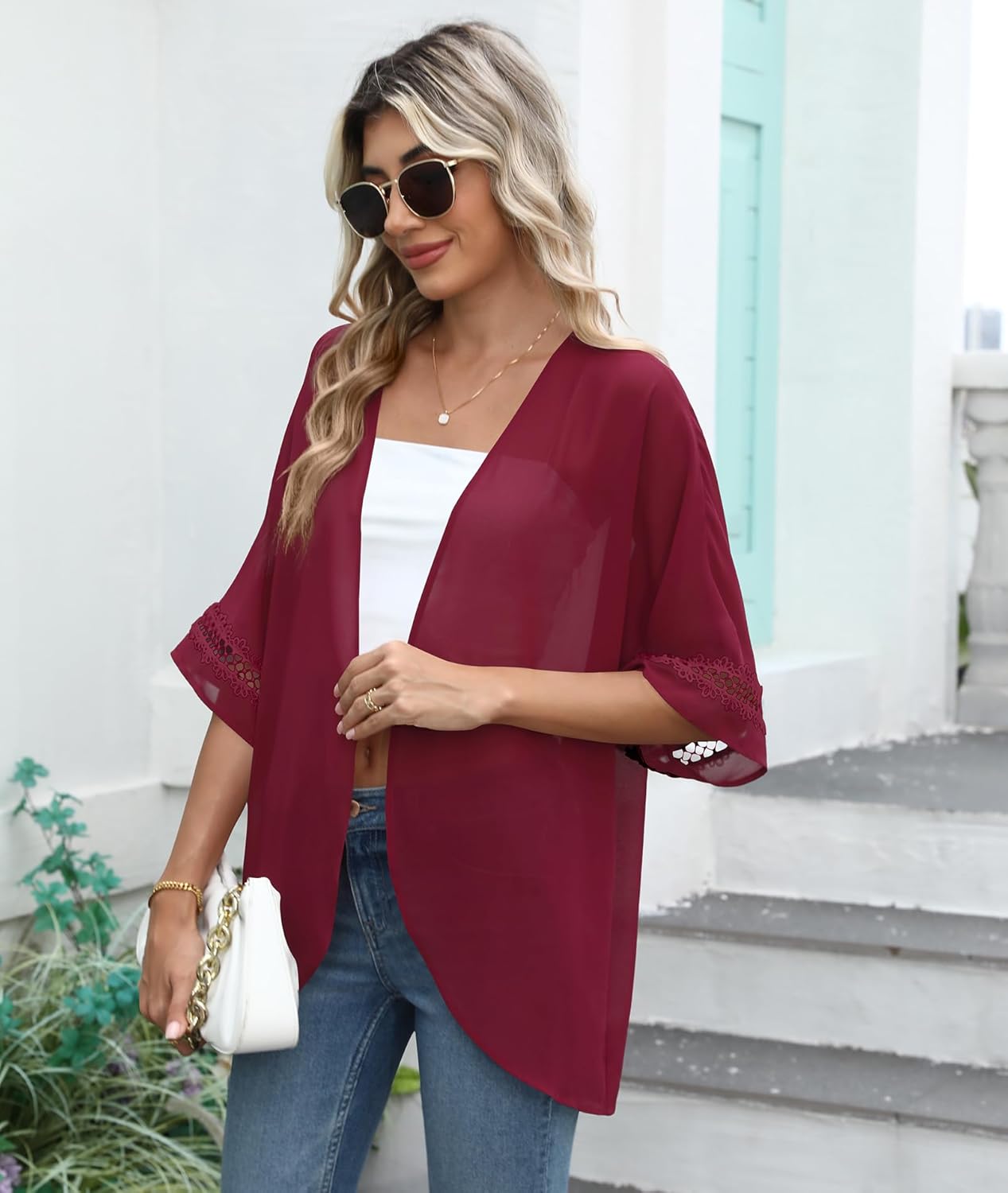 LILBETTER Women Lightweight Chiffon Kimono Cardigan Puff Sleeve with Lace Loose Beach Wear Cover Up Blouse Top - Image 4
