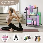 Home Fitness Storage Multifunctional Yoga Mat Shelf Sports Equipment Storage with Wheels & Hooks for Yoga Mats, Dumbbells, Foam Roller, Resistance Bands