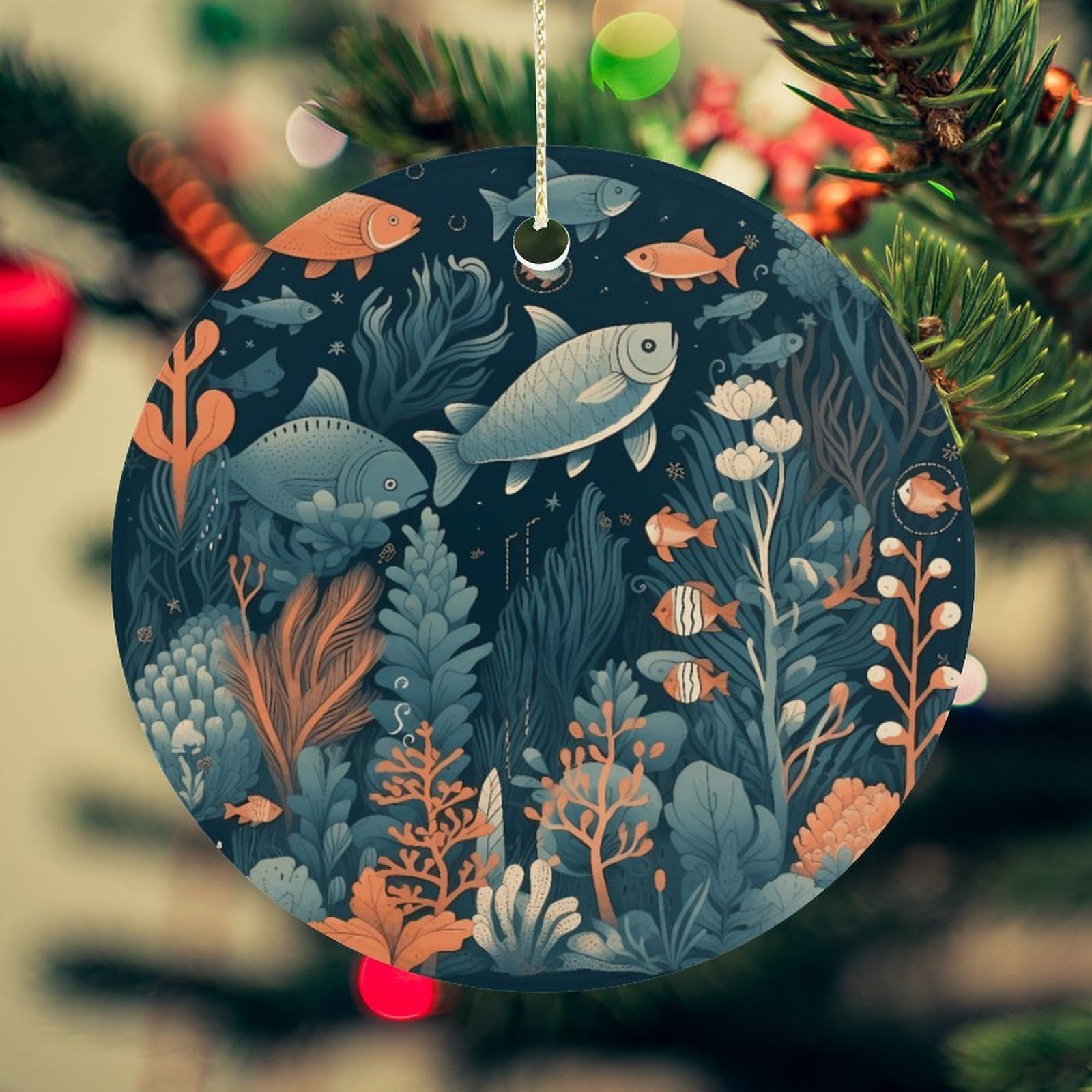 Hand Drawn Sea Animals Christmas Ornament for Christmas Tree Ceramic Round Ornament Winter Holiday Keepsake Gift 2.7" Christmas Tree Hanging Decorations Circle Ceramic Pendant Xmas Gift