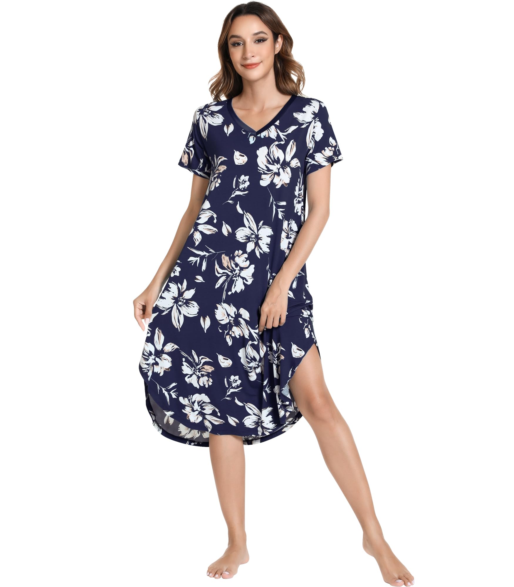 NACHILA Bamboo Viscose Nightgowns for Women Cooling Short Sleeve Sleepshirt | Soft V Neck Night Gowns, Moisture-Wicking Sleepwear for Hot Flashes &amp; Night Sweats, Ladies Nightshirts for Sleep, Home, Gift
