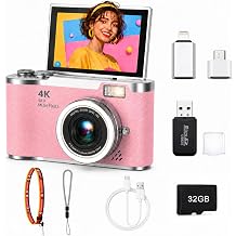 4K Digital Camera with Flip Screen, 4800W Point and Shoot Digital Cameras for Photography, 180 Rotating Selfie Camera with 32GB SD Card,Neck Lanyard,Fill Light for Teens Kids TravelPink