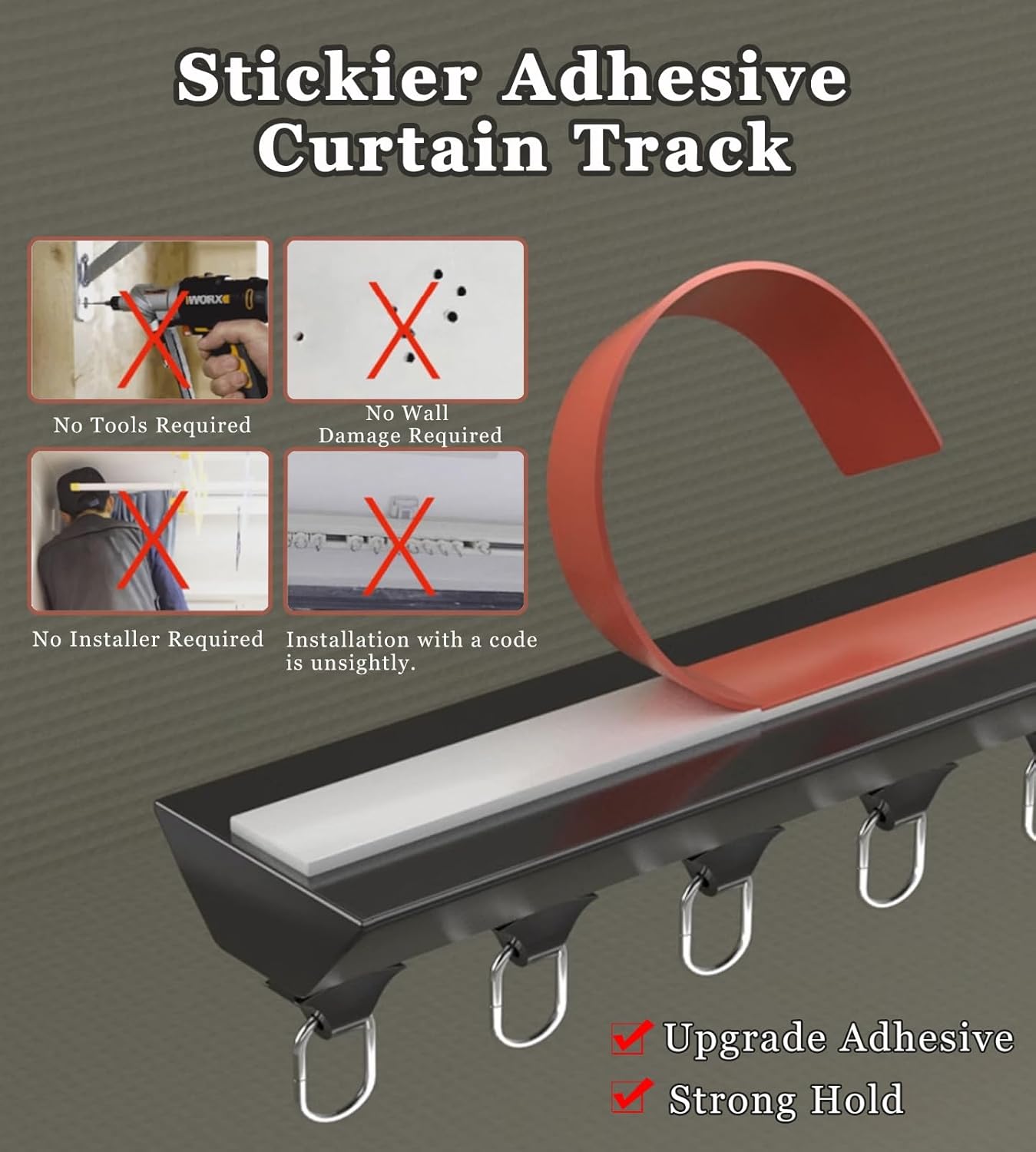 カーテン・レール スライド式カーテンレール、アルミ製粘着、天井壁取り付け式高耐久カーテン、窓用モダンスタイル(Black,3.2m/