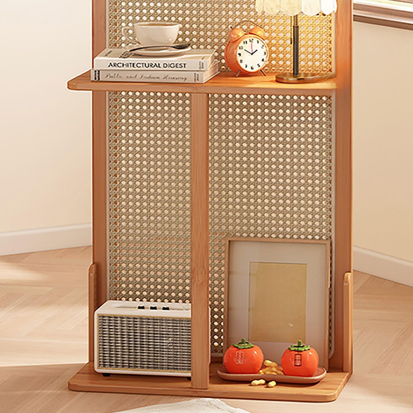 CraftThink Rattan Wall Room Divider with Shelves, 1-Panel Folding Privacy Screens Room Divider Panel for Bedroom, Entryway, Workspace (Wood Color, 26" L x 68" H)
