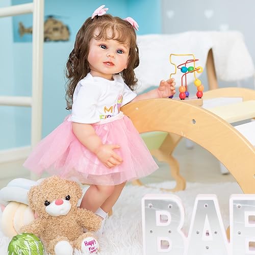 Miniatura 6 de Muñecas Reborn de silicona de cuerpo completo para niña de 22 pulgadas, muñecas realistas con pelo largo y vestido rosa teca para cumpleaños de niños