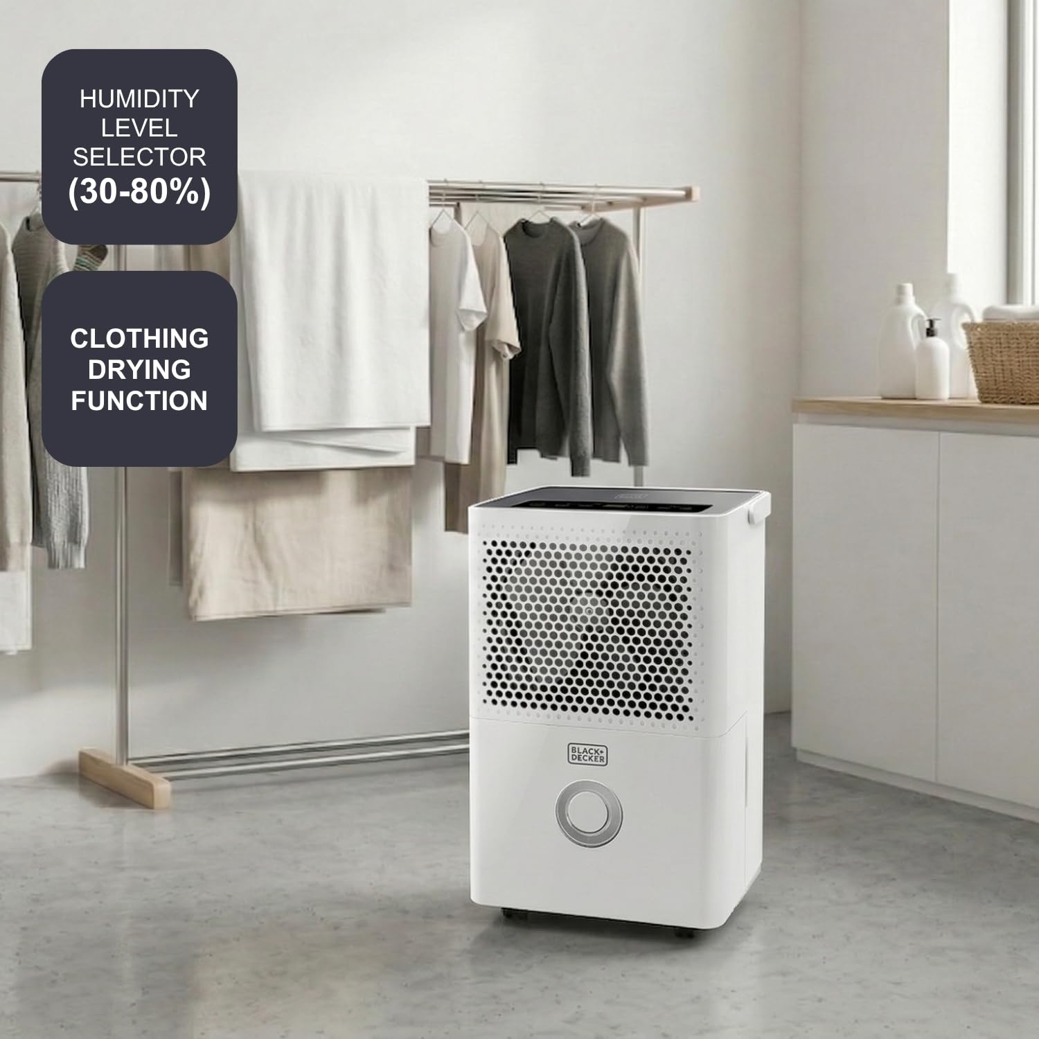 BLACK+DECKER BXDH12E osuszacz powietrza, 12 l/24 h, funkcja suszenia, 2 prędkości, pojemnik 1,8 l, programowalny 24 godziny, wyjmowany i nadający się do prania filtr, do 25 m², cichy