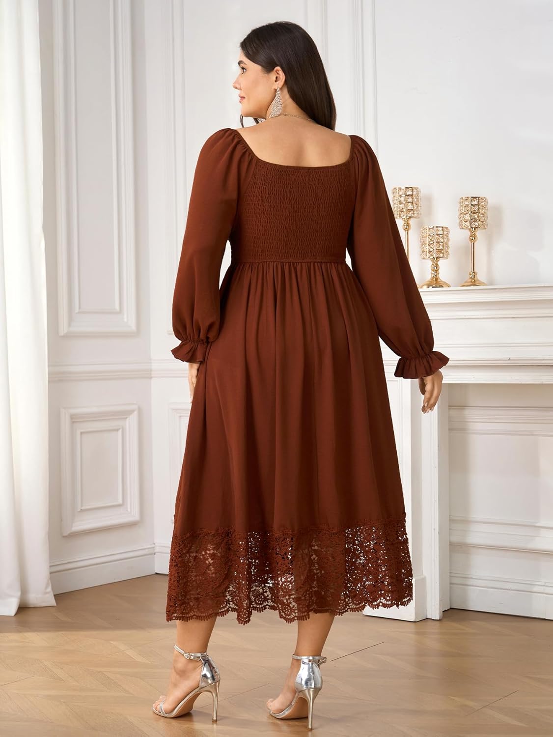 Women's Plus Size Maxi Dress Long Sleeve Square Neck Smocked Flowy A-Line Lace Trim Wedding Guest Dresses - Image 6