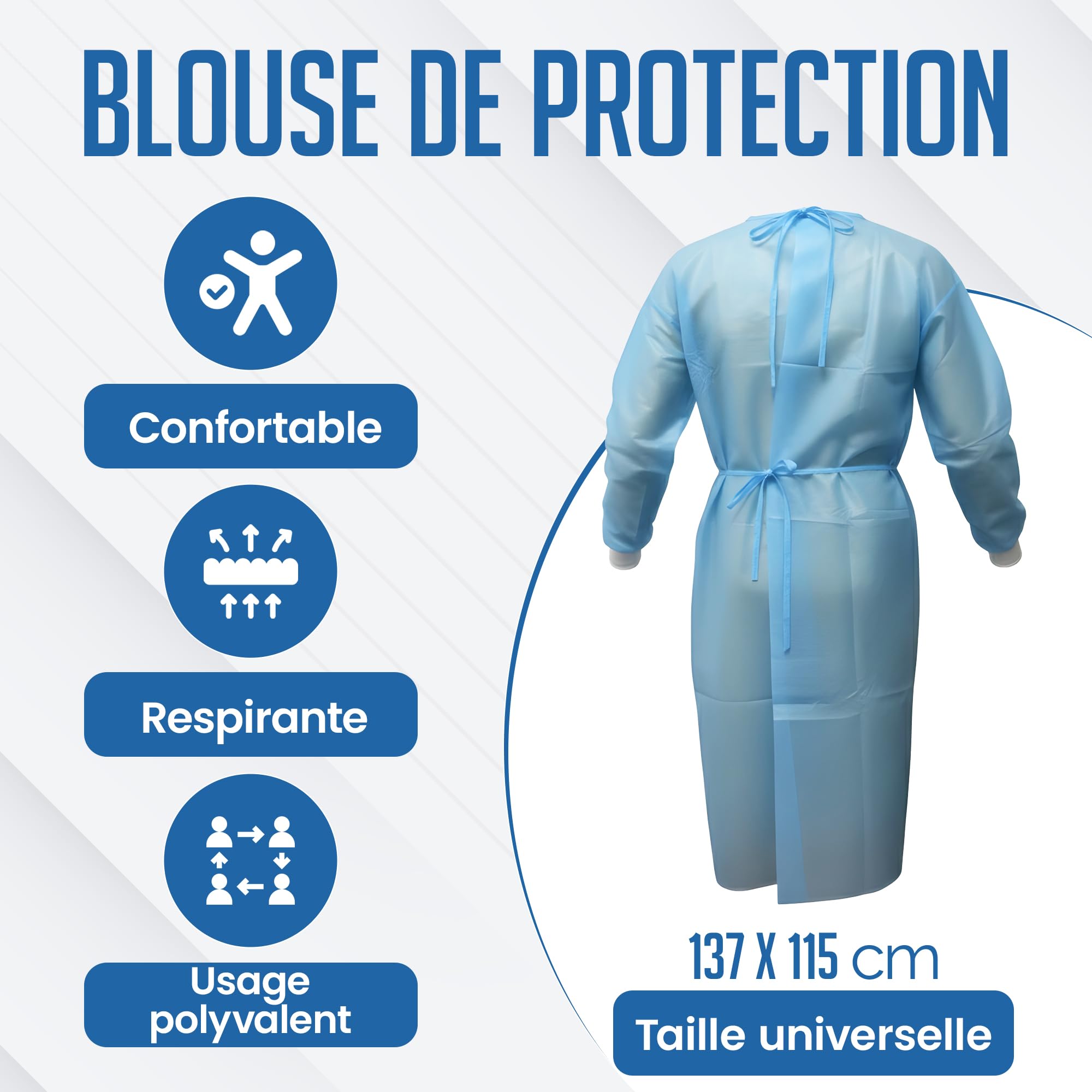 BORNOVA Surblouse médical jetable - Blouse d'isolation protection patient hôpital - PP Taille universelle - Qualité professionnelle Confortable - Bleu ciel 35 gsm (10)