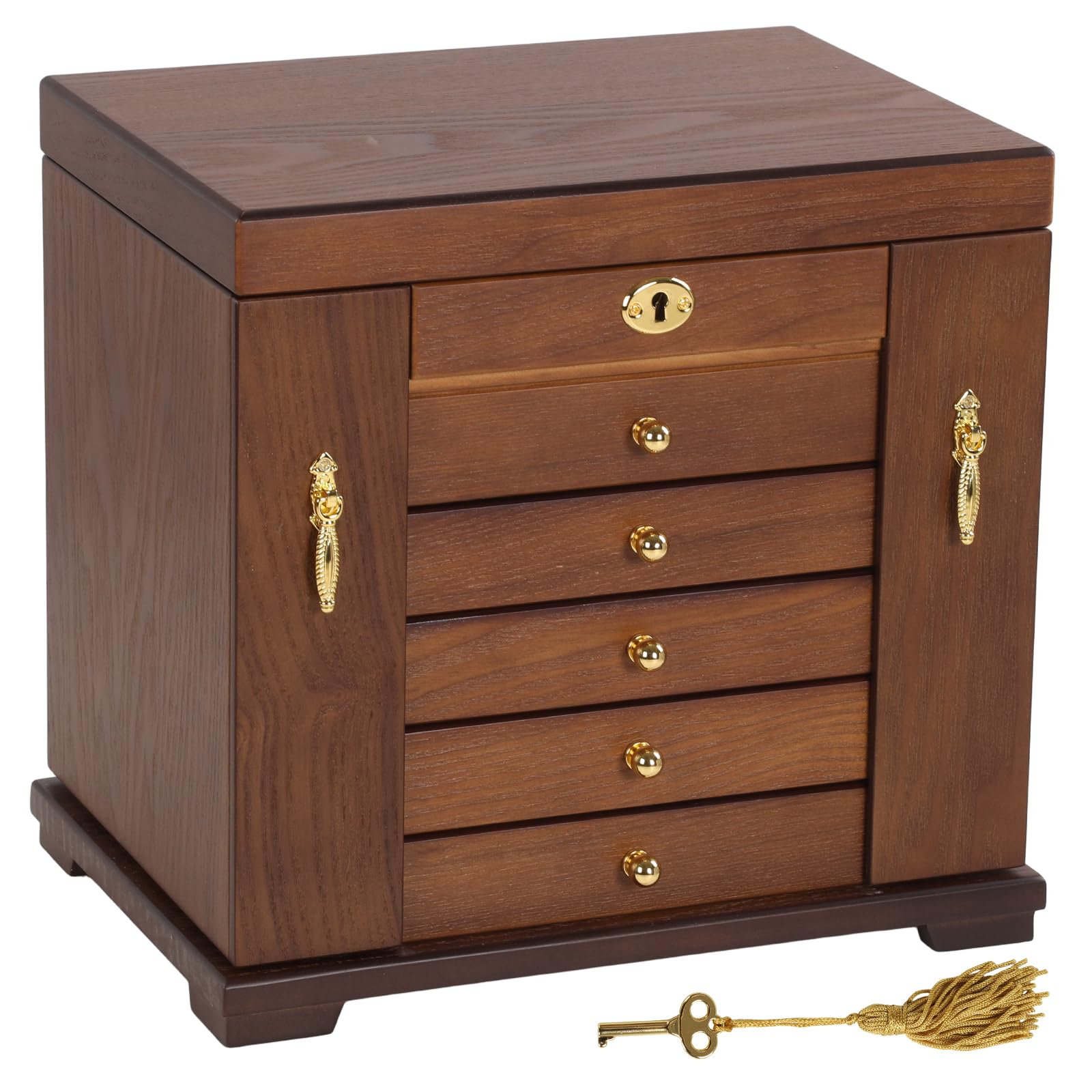 Wooden Jewellery Organiser for Women & Girls 6 Tier Rustic with Lock