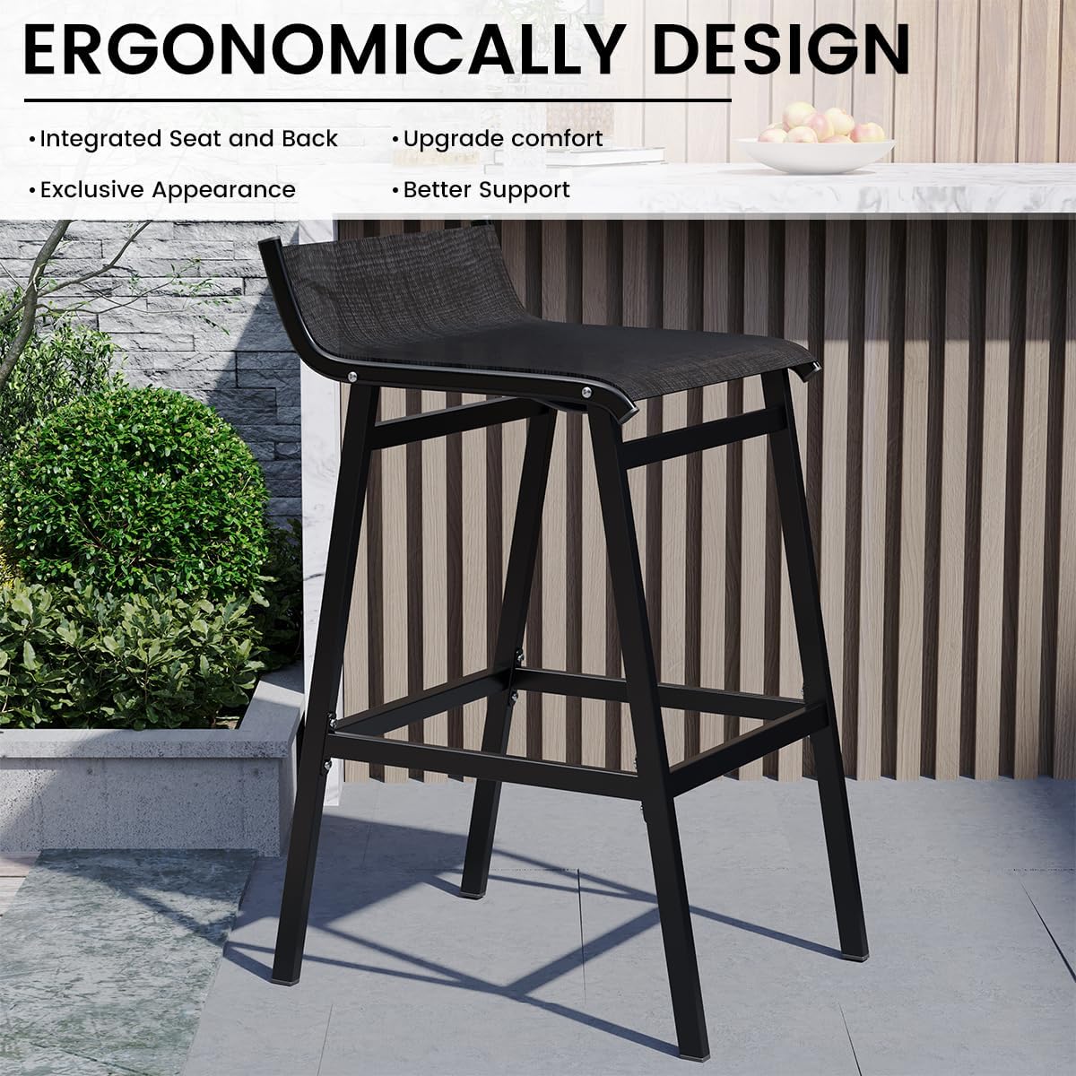Sundale Outdoor Patio Metal Bar Stools Set of 2, Low Back Modern Counter Height Tall Chair Armless, High Top Outside Barstools, All-Weather Patio Stools for Porch Yard Deck Balcony, Classic Black