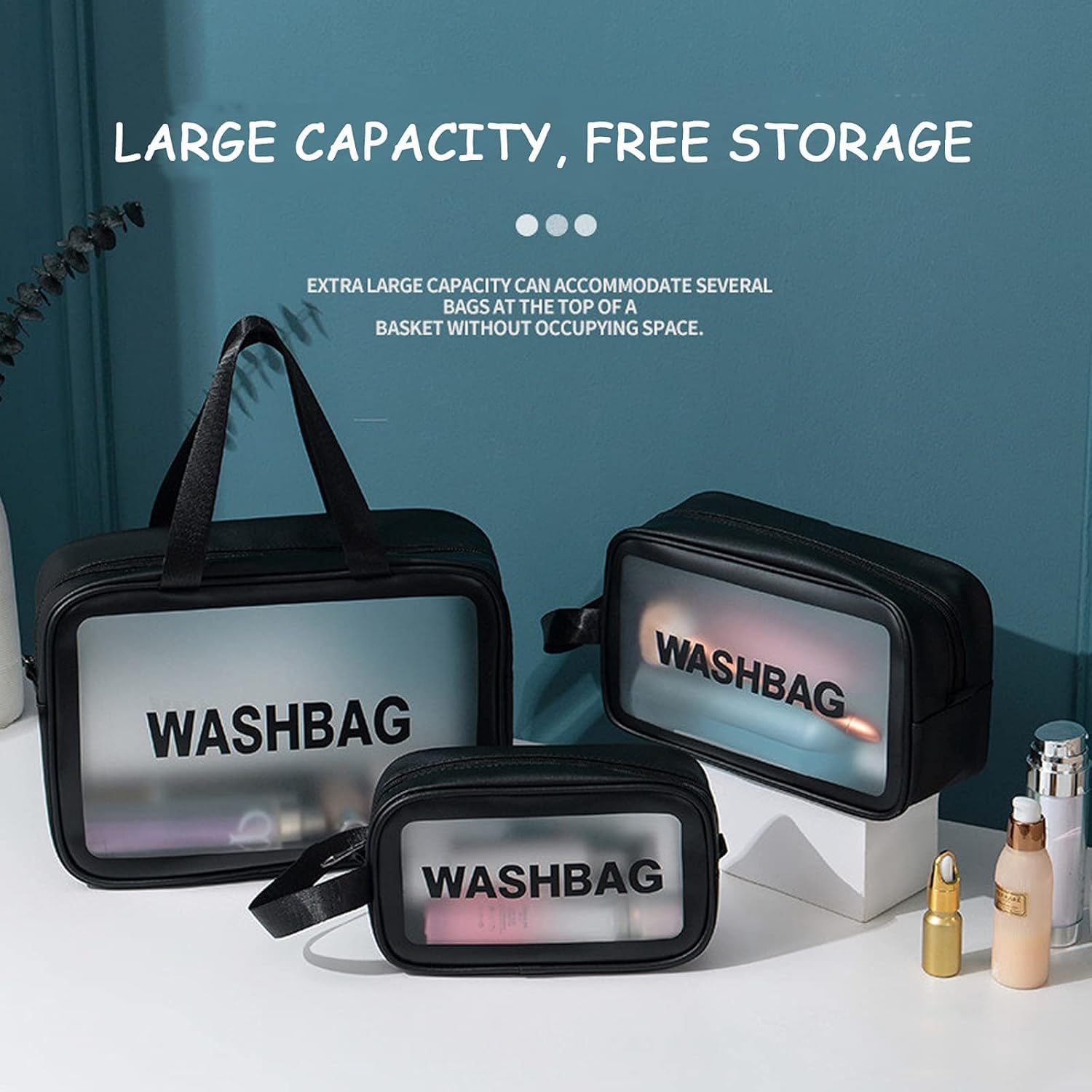 KUKLAR Wash Bag Pouch for Travel Kit Toiletry Bag Cosmetic Bag Make Up Box for Brushes,Accessories with Handle,Large Capacity Translucent Waterproof Travel Storage Mini Size 21X13X7 (Black) 3