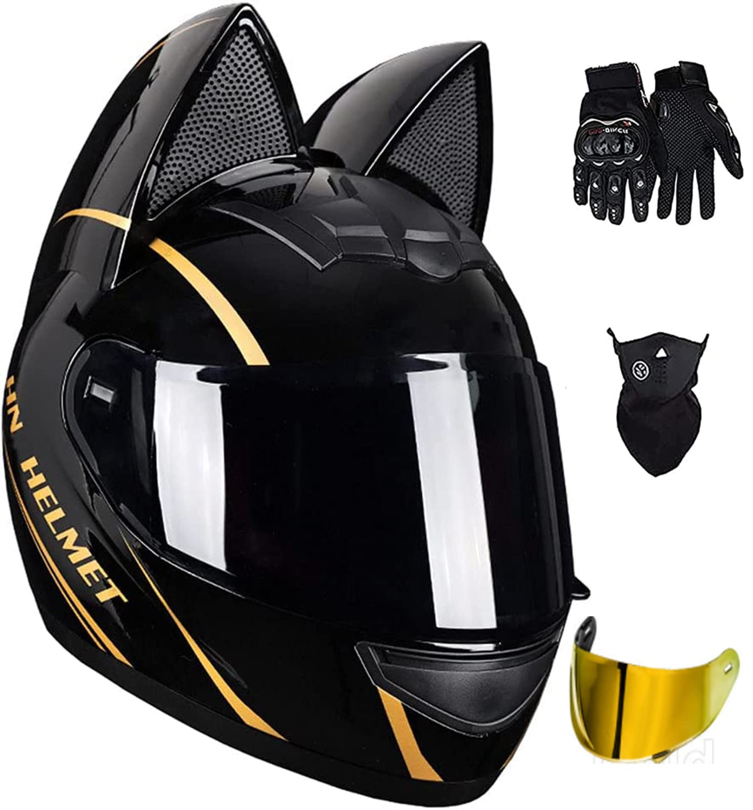 Casque Intégral Moto Avec Oreilles De Chat - Certification ECE, Lentille Noire, Taille M (54-56cm), Inclut Masque Et Gants - 5