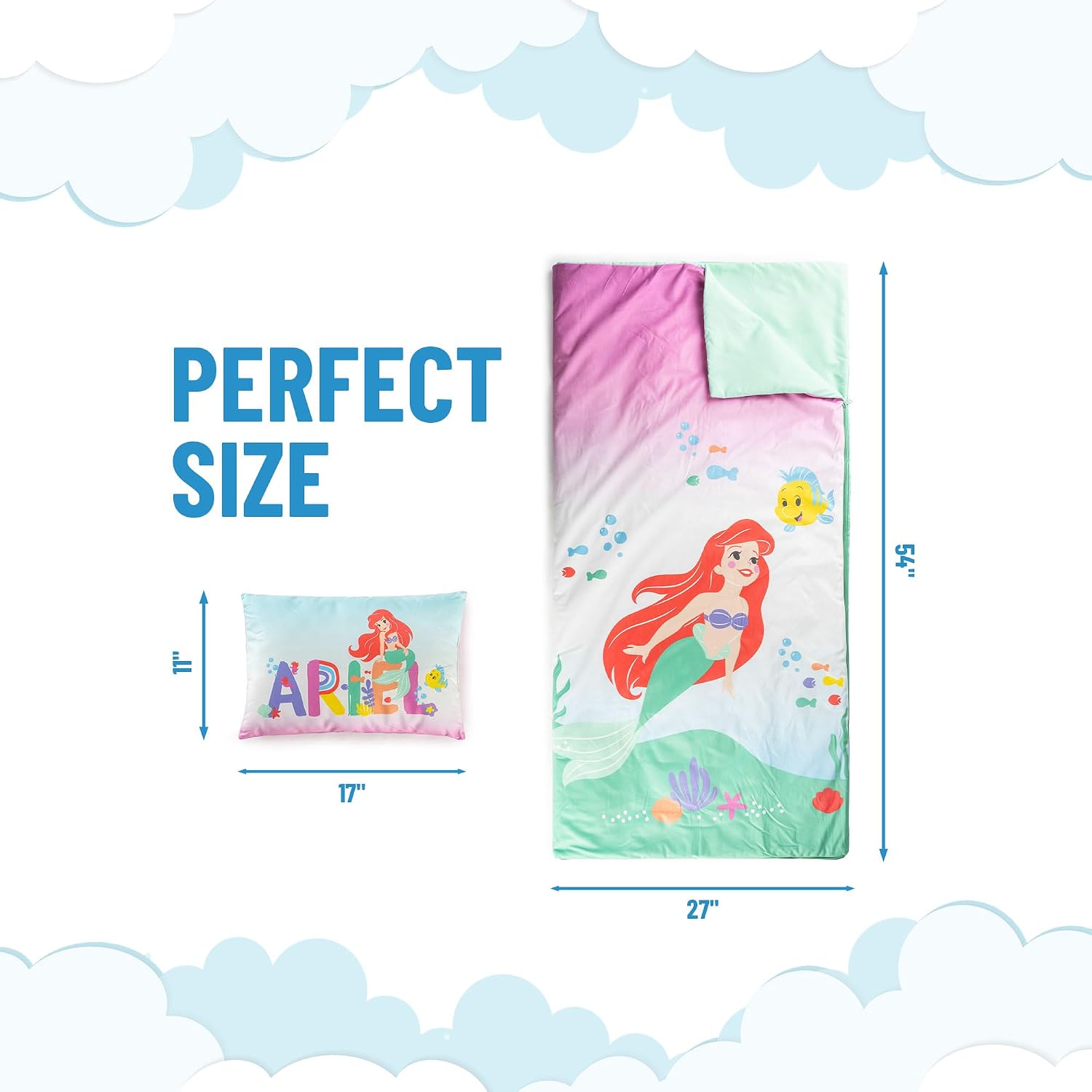 Jay Franco Kids Slumber Bag and Pillow - 54 x 27 Inch Comfy Indoor Sleeping Bag for School and Sleepovers, 2 Piece Set, Multi - The Little Mermaid