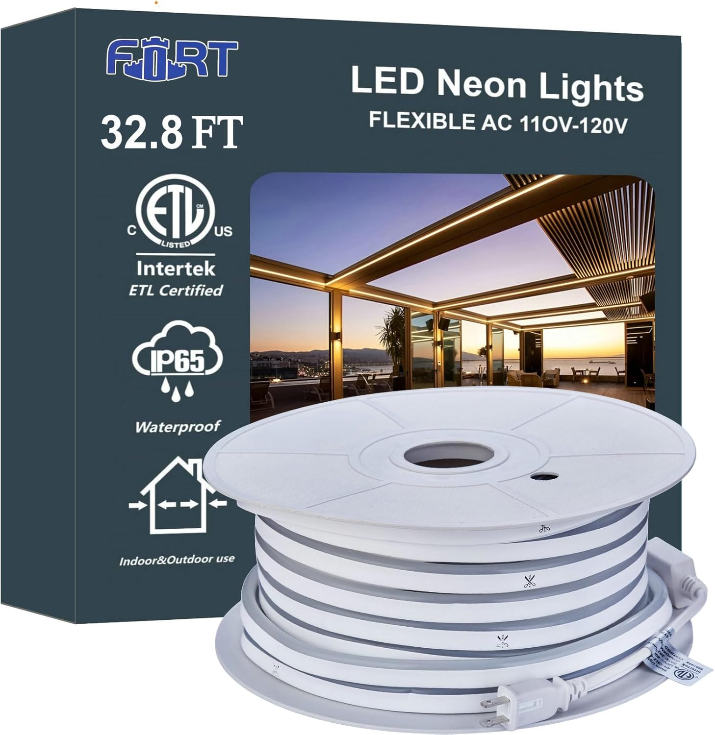 FORT LED Neon Rope Lights 32.8FT 10M 120V AC Plug-in LED Strip Lights Connectable Waterproof Led Light Strip for Indoor/Outdoor Use, Warm White Neon Lights for Party Wedding Home Decoration ETL