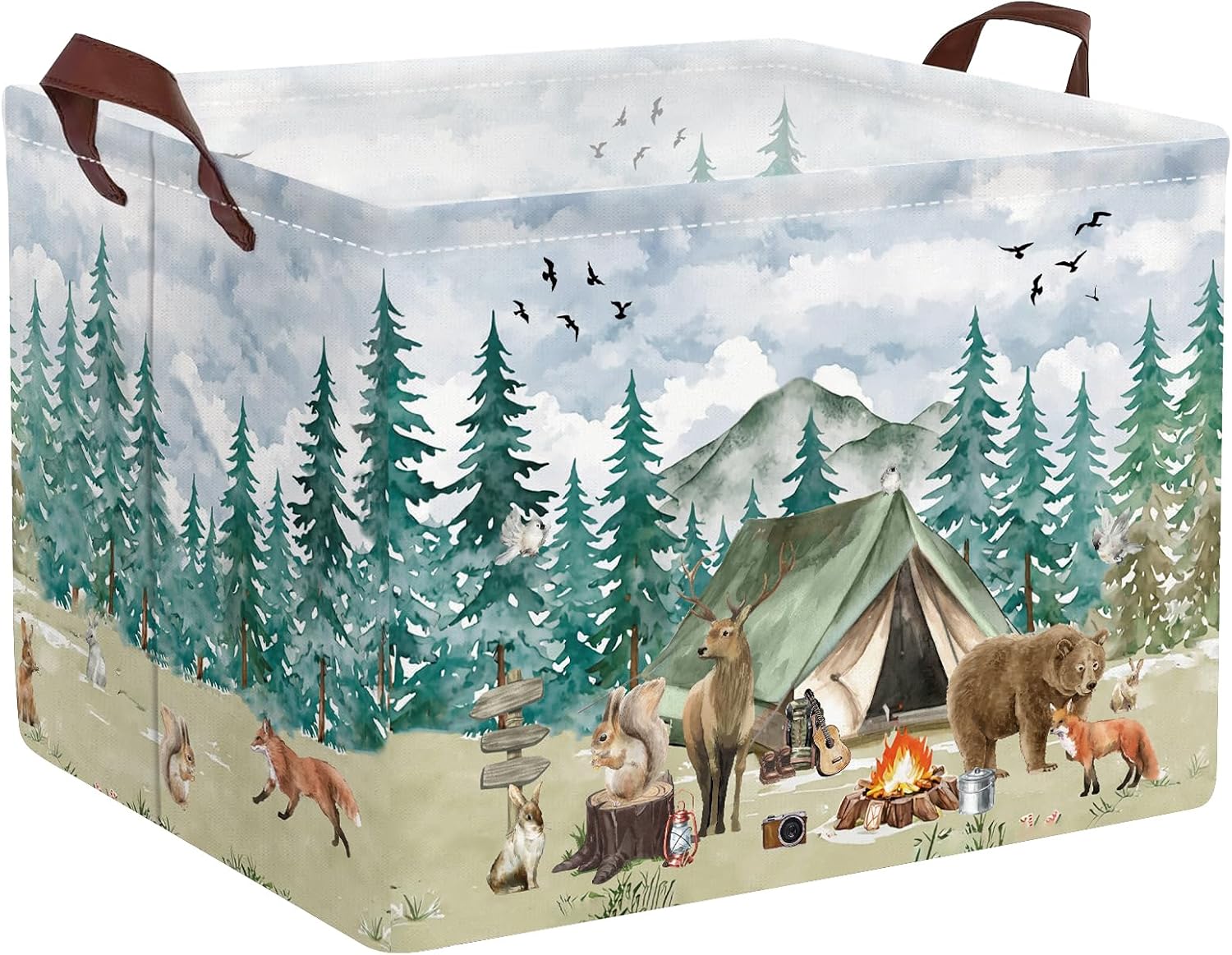 36L Large Camping Storage Basket Woodland Nursery Decor Basket Rectangle Animals Basket with Handle Canvas Collapsible Toy Organizer Bin Towel Clothes Tool Toy Book Shelf Basket Baby Camper Trip Gift