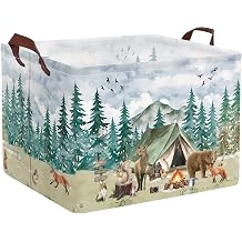 36L Large Camping Storage Basket Woodland Nursery Decor Basket Rectangle Animals Basket with Handle Canvas Collapsible Toy Organizer Bin Towel Clothes Tool Toy Book Shelf Basket Baby Camper Trip Gift