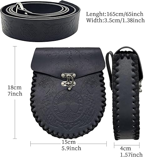 Miniatura 6 de HiiFeuer Cinturón medieval con anillo tórico en relieve con cinturón nórdico en relieve, cinturón de piel sintética vintage y bolsa para cinturón