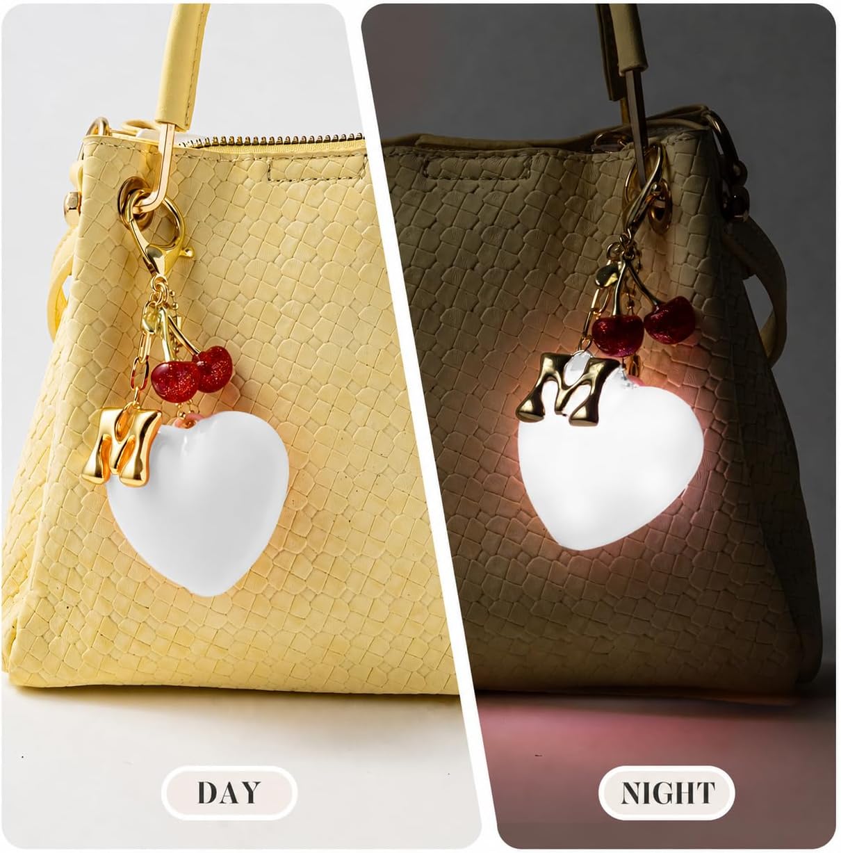 Heart Purse Light Keychain for Women, Gold Initial Keychain Bag Charm with Cherry Pendant, A-Z Letter KeyChain Gift image 5