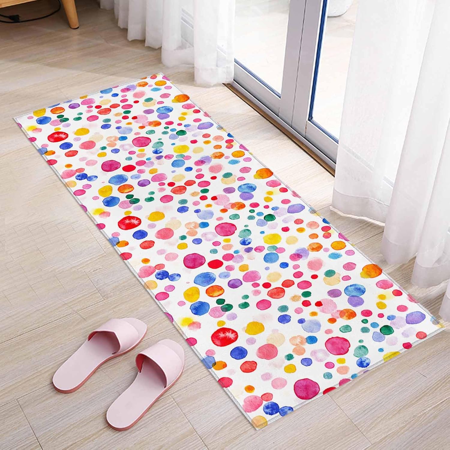 Teamery Kitchen Mats for Floor Watercolor Polka Dot on White Washable Non Slip Kitchen Rugs 1PCS, Seamless Colorful Balls Absorbent Standing Mats for Sink Bathroom Office Living Room 15.7x47.2in