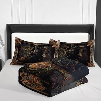Nttopship Boho Black Cat Comforter Set Twin Size for Adults 3Pcs,Bohemian Mysterious Theme Comforter Soft Warm Comforer for All Season Room Decor with 1 Comforter and 2 Pillow Case