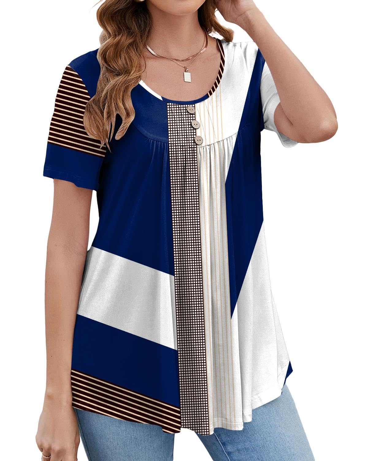 BeadChica Women's Tunic Tops For Leggings Short Sleeve Shirts Botton Up Casual Ruched Blouses Clothes