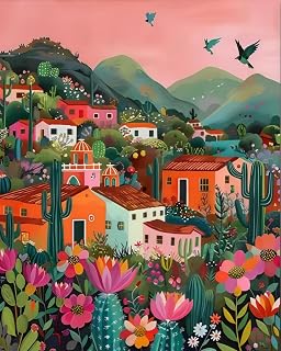 Paint by Numbers Kit for Adults Beginner, Mexican Village Building Adult Paint by Number Kits on Canvas, DIY Acrylic Oil Easy Painting by Numbers for Home Wall Decor 16X20 inch (Without Frame)