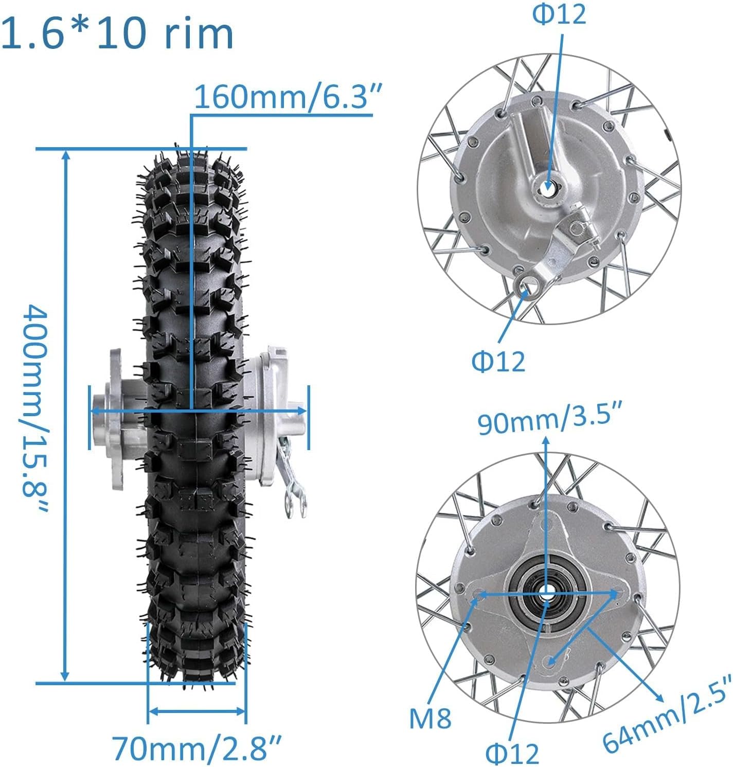 60/100-12" Front & 80/100-10" Rear Dirt Bike Wheel with 12mm Bearings – Drum Brake Assembly for 50cc 70cc 90cc 110cc 125cc CRF50 XR50 Pit Bike Off-Road Motorcycle