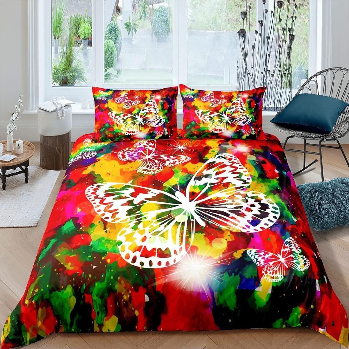 Bsyyzqc Boys Butterfly Paint Splash King Size Duvet Cover Sets King Size Bedding Super Soft Print Microfibre, Colourful Quilt Cover With Zipper Closure And 2 Pillowcases 19"X29" For Girls