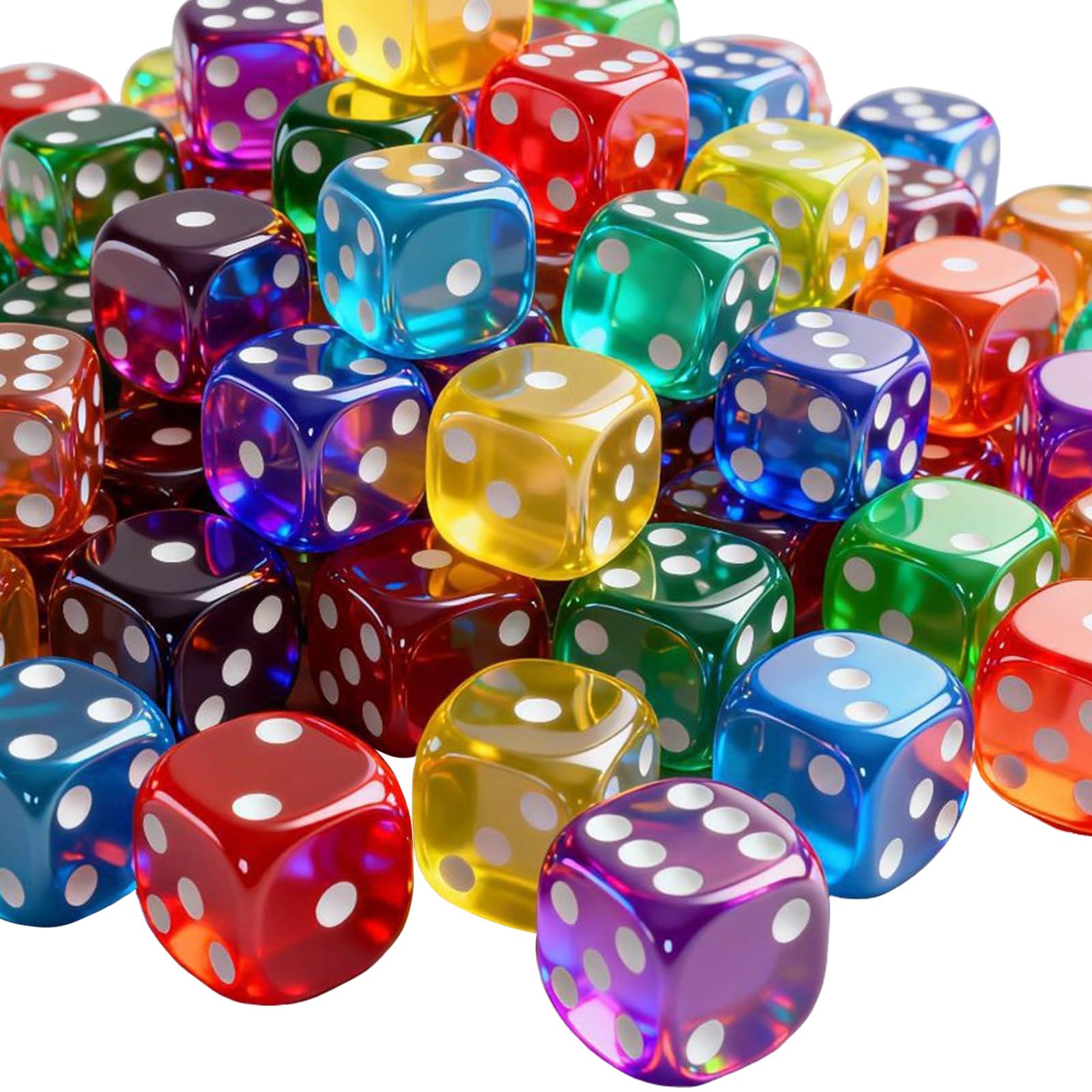 Larfraecy 50PCS Translucent Dice Set for Board Games, Math Teaching & Party Fun – 6 Sided Acrylic Dice Set with Rounded Edges (10 Colors)