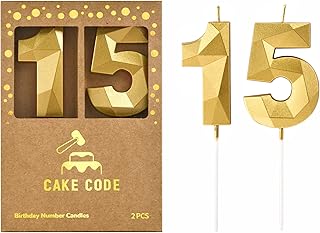 CAKE CODE 2.76 Inch Crystal Gold 15 Number Birthday Candles, Gold Number Candles, Cake Number Candles, Party Celebration