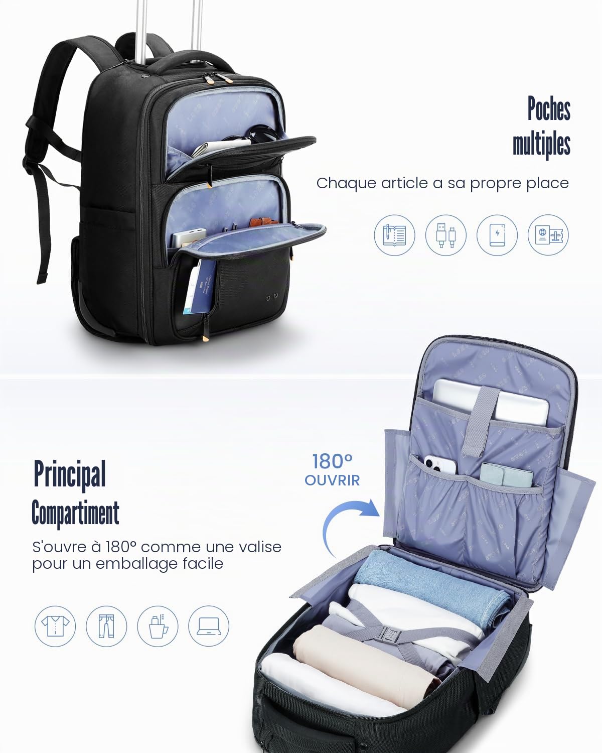 Sac à Dos à roulettes - pour Ordinateur Portable 15,6 Pouces pour Adultes avec roulettes Sac à Dos pour Ordinateur Portable résistant à l'eau, approuvé par Les autorités aériennes