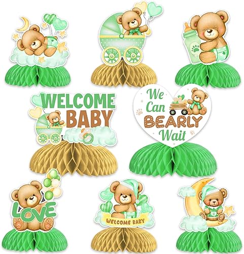 8 piezas de centro de mesa con diseño de oso para baby shower, color verde salvia, decoración con texto en inglés We Can Bearly Wait, decoración de