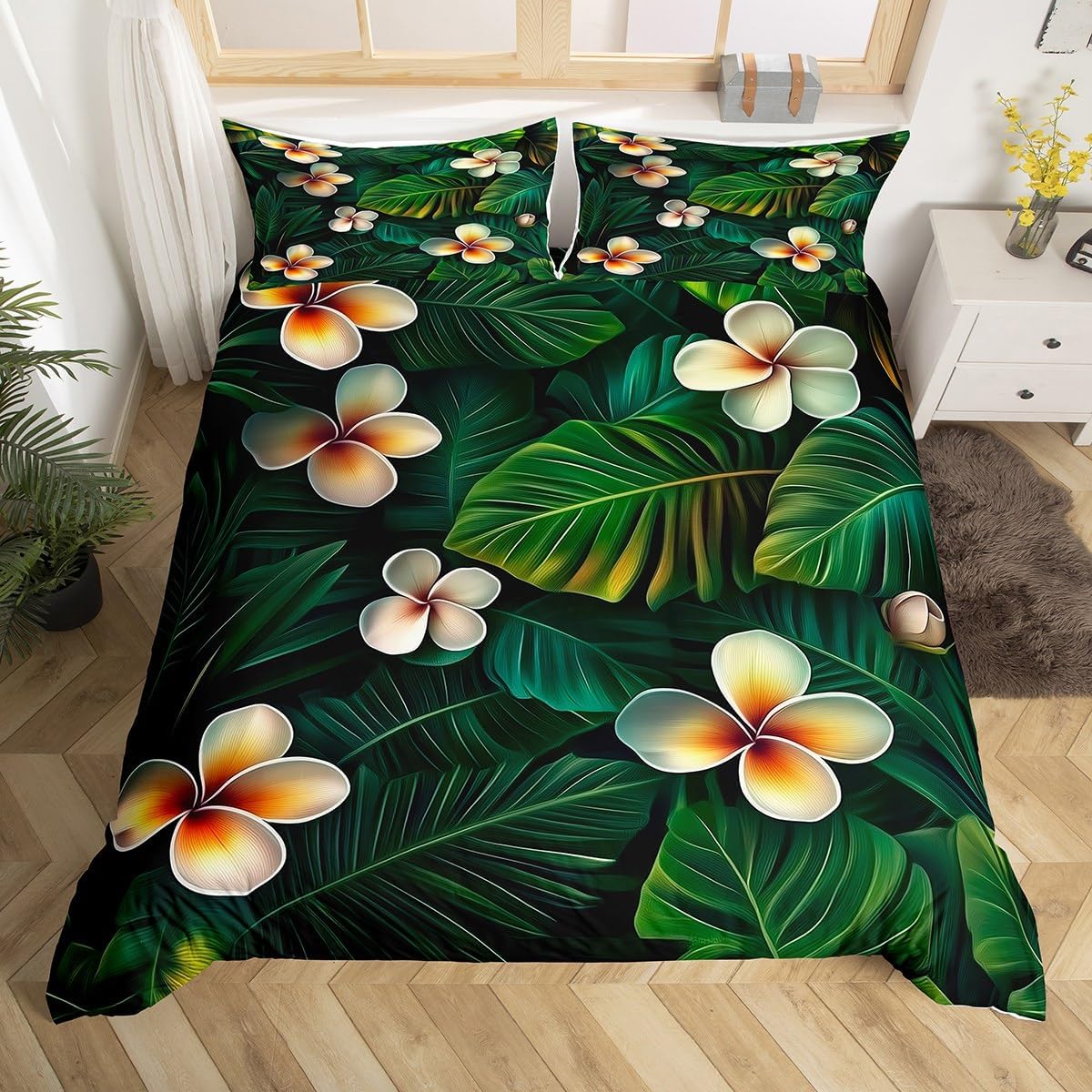 jejeloiu Tropical Plants Leaves Bedding Set Toddler Size Palm Leaf Flower Hawaiian Duvet Cover for Boys Girls Palm Leaf Comforter Cover Soft,No Comforter