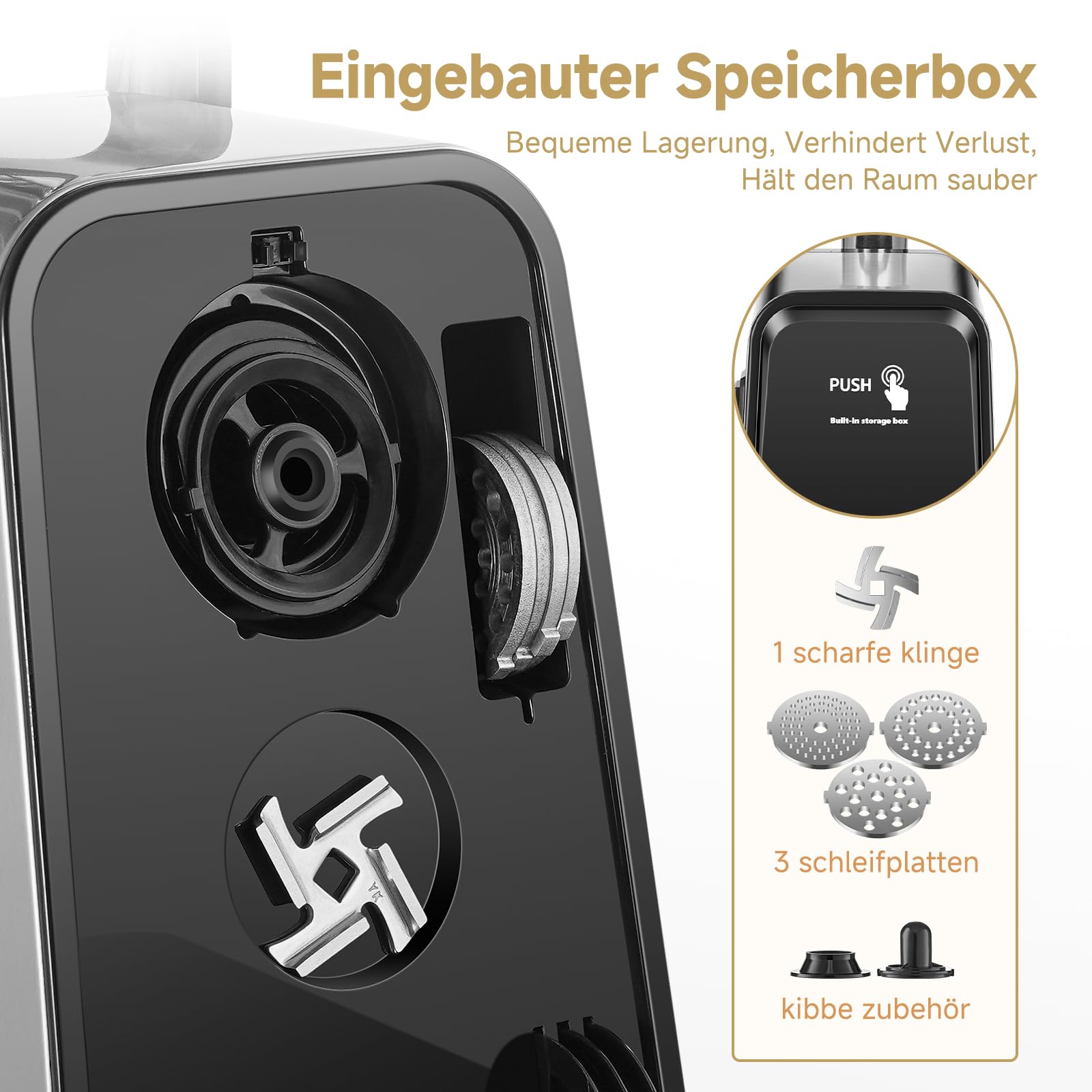 AAOBOSI Fleischwolf Elektrisch, 3-IN-1 [3000W Max] Multi Fleischwolf mit 3 Edelstahl-Schleifplatten, Kubbe & Wurstfüllrohren,Upgrade der Auto Rücklauffunktion - Edelstahl