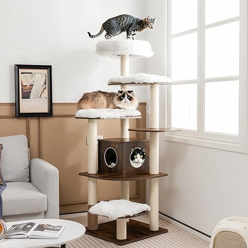 Miniatura 2 de Tangkula Árbol alto para gatos, torre para gatos de 71 pulgadas con plataforma multicapa, árbol de madera moderna para gatos con postes rascadores