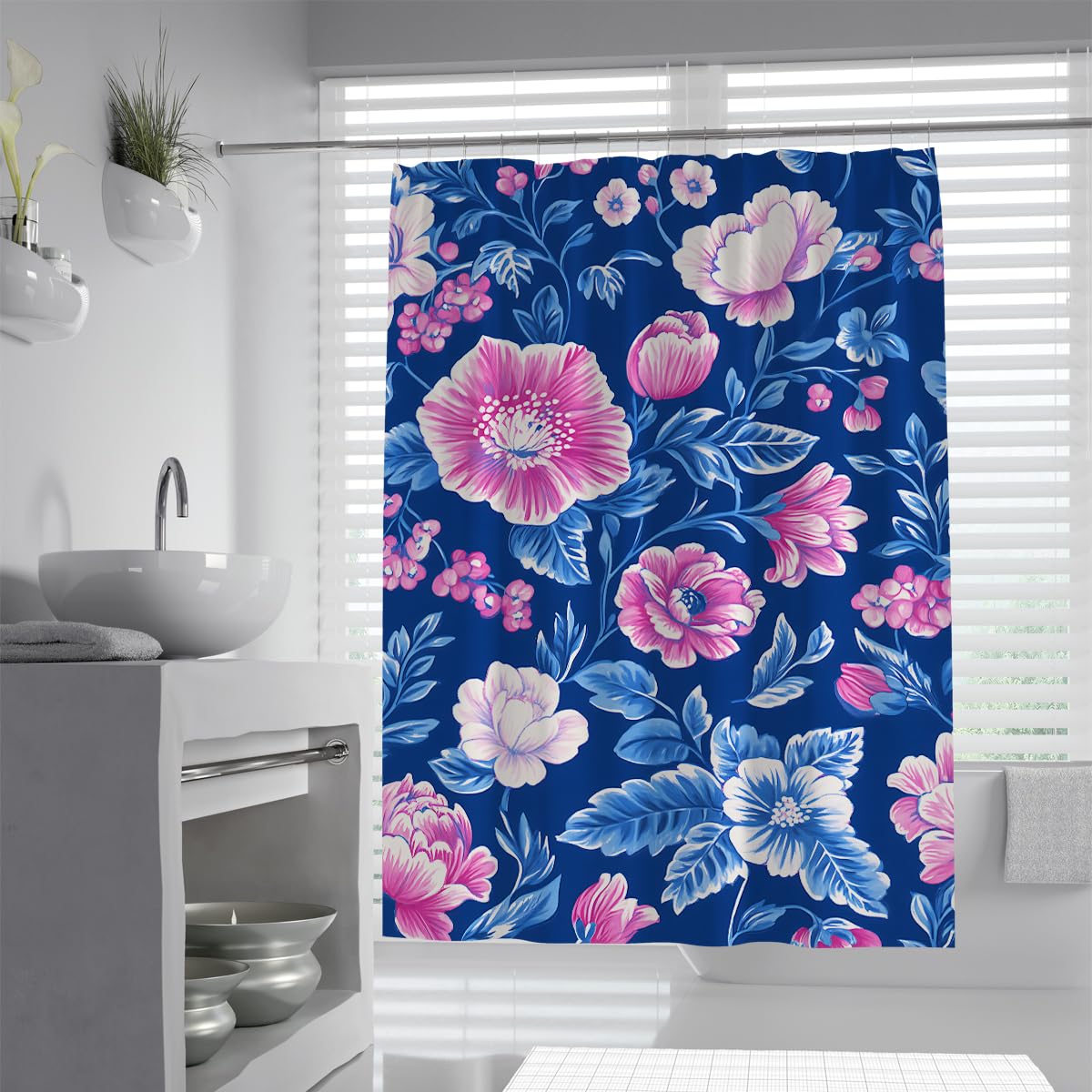 UIRINGART Luxury Chinoiserie Floral Shower Curtain W100xL180cm Blue Pink Peony Pattern Mildew Resistant Water Repellent Bath Curtains Bathroom Decor With Hooks