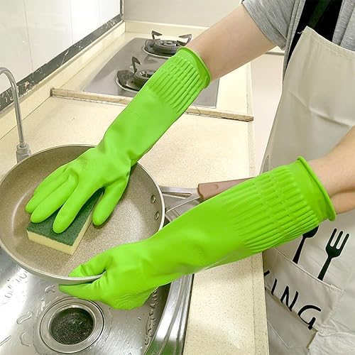 Guante de limpieza de látex resistente - Impermeable, antideslizante, manga larga para tareas domésticas y de lavado de platos (verde)