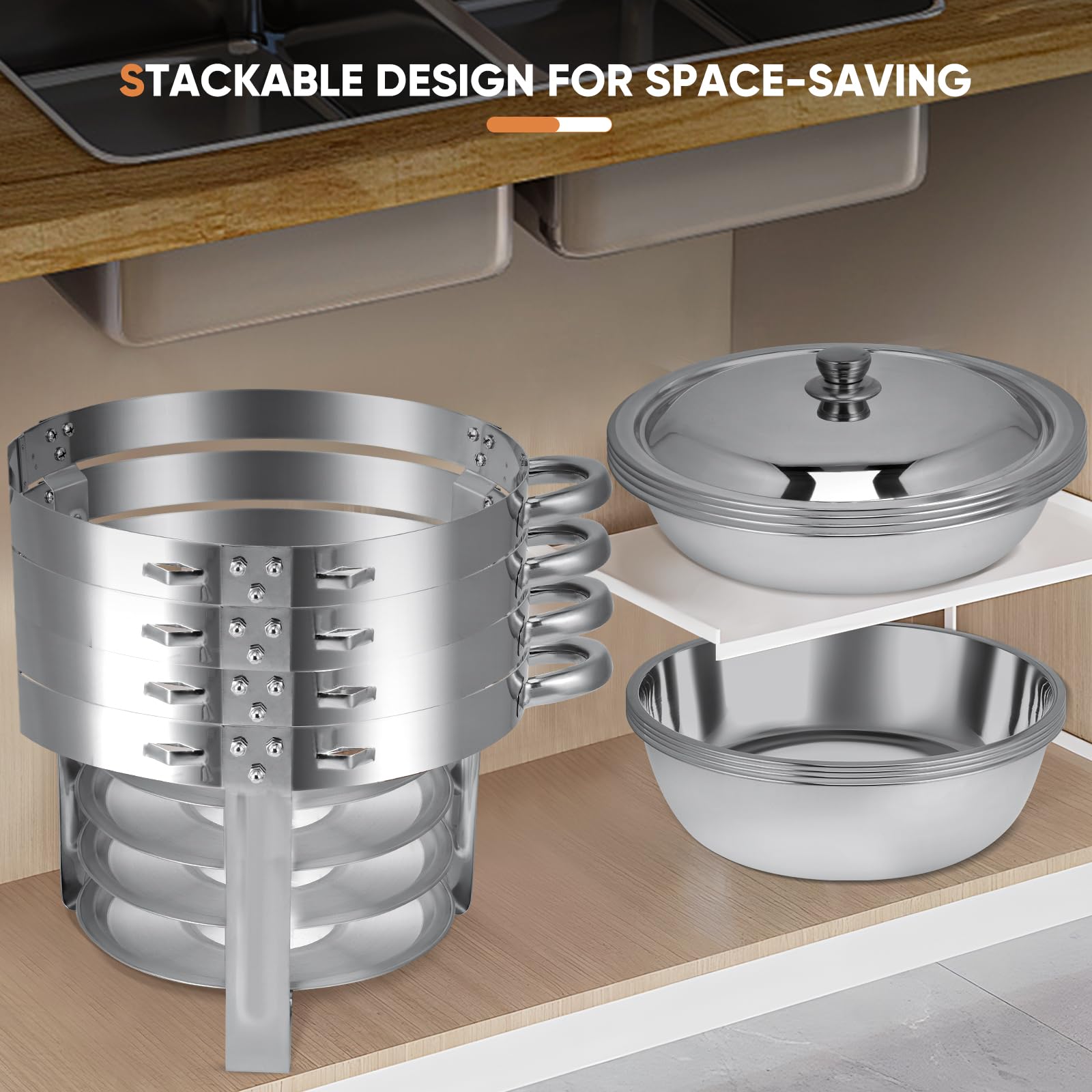 Juego de 4 platos de acero inoxidable con soporte para tapa, chafers redondos y calentadores de buffet para bodas, eventos, banquetes