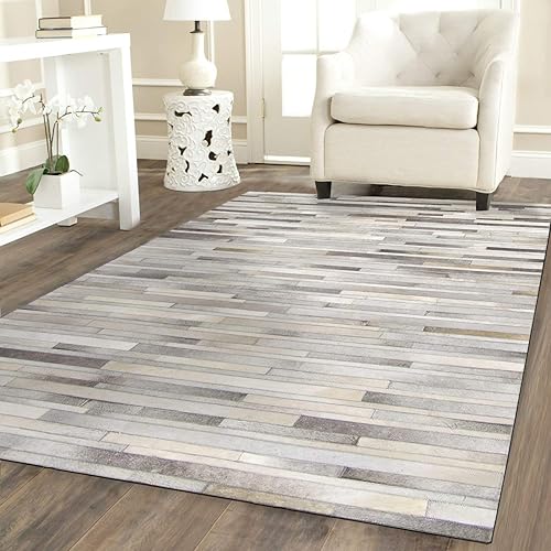 Miniatura 1 de Alfombra de piel de vaca con diseño de rayas estilo patchwork en varios tamaños  Alfombra de lujo para uso en interiores (8 x 10)